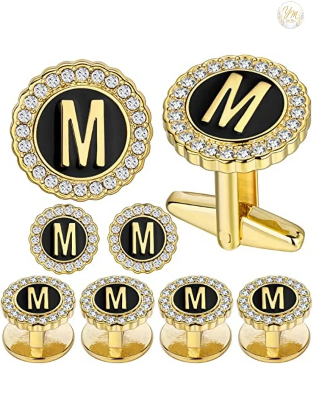 18K Gold Tone Initial Cufflinks for Men with Tuxedo Studs, Gift Boxed
